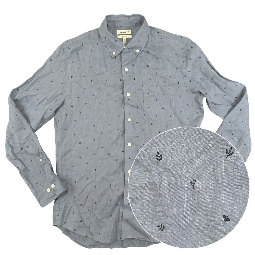 Bonobos Mens Shirt Size M Slim Fit Pure Linen Blue Gray Floral Print Button Down